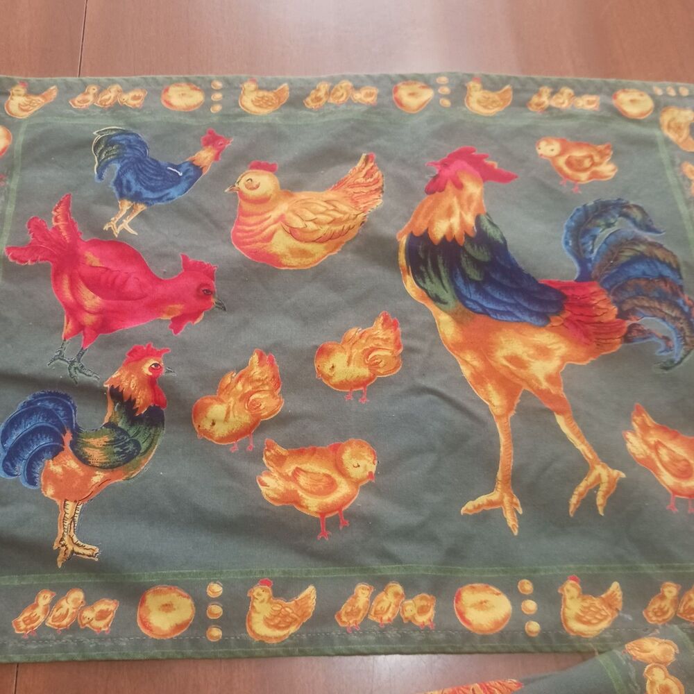 Vintage Linens Placemats Chicken Roosters Green 6